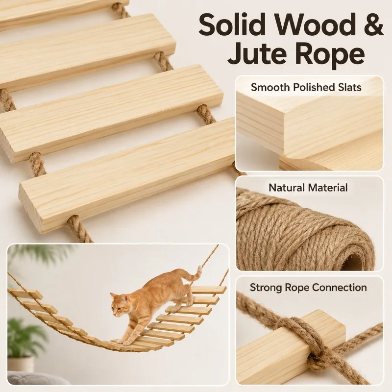 2-in-1 Katzenleiter und -brücke, Hängende Holz-Kletterstufe mit Juteseil für Innen-Katzenwandregal – Detail 3