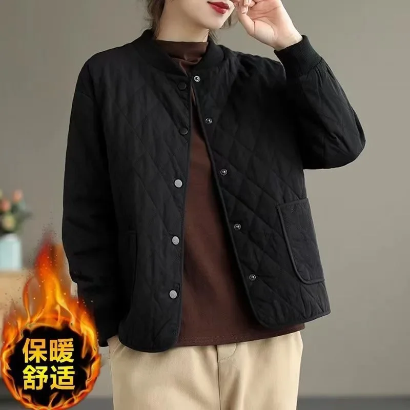 ملابس الشتاء امرأة سترة مبطنة موضة خفيفة الوزن الوقوف طوق كم طويل واحدة الصدر تقسم جيوب معاطف أسود جديد #2