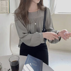 Chiffon Long Sleeved Shirt And Blouses Square Neck Solid Office Lady Women Clothing Casual Elegant Autumn Thin Top Simple Trend