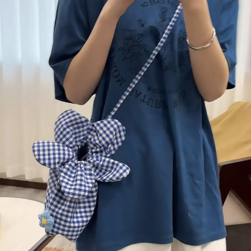 

Casual Korean Style Plaid Drawstring Bag Cute Printing Flower Handbag Cloth Bundle Pocket Shoulder Bags Shopping