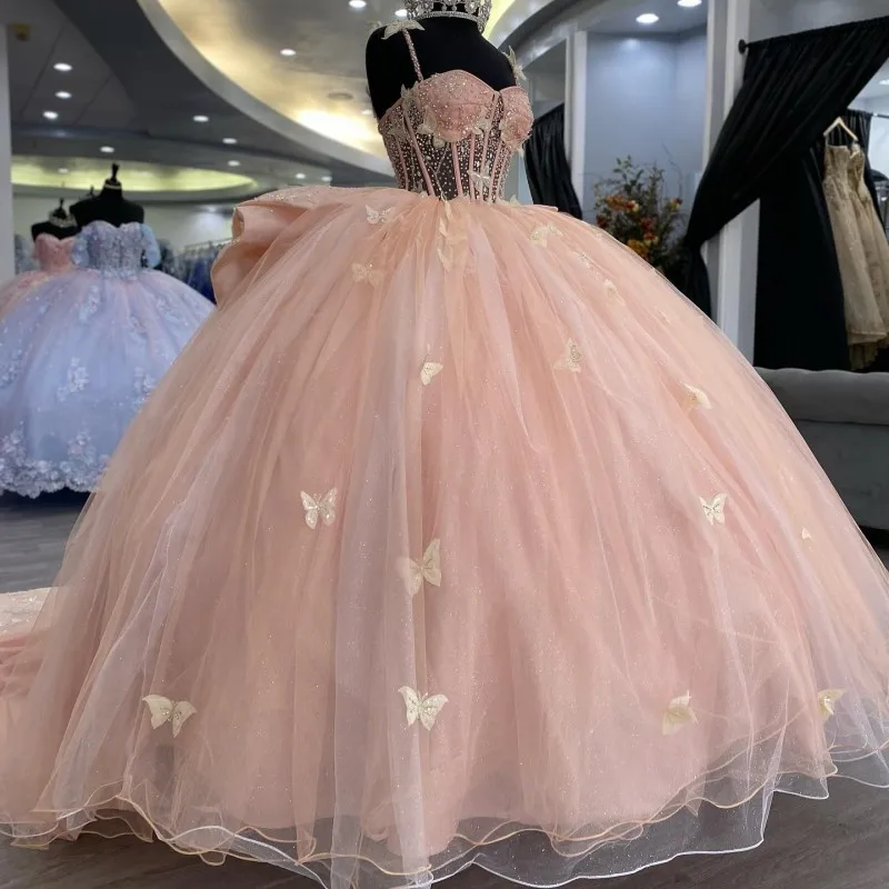 

Pink Sweetheart Shiny Ball Gown Princess Evening Dresses Butterfly Flower Bow Prom Formal Party Gowns Sweet 16 Quinceanera Dress