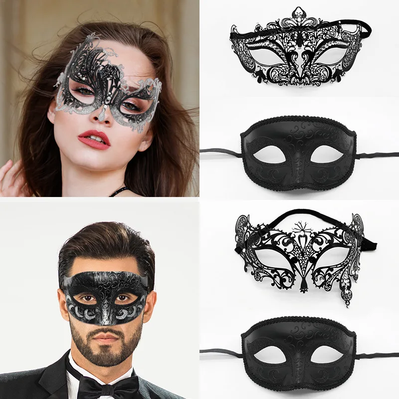 

Halloween Carnival Dressing Ball Iron Mask Party Metal Diamond Mask Set Black Eye Mask Sexy Metal Iron and Diamond Mask