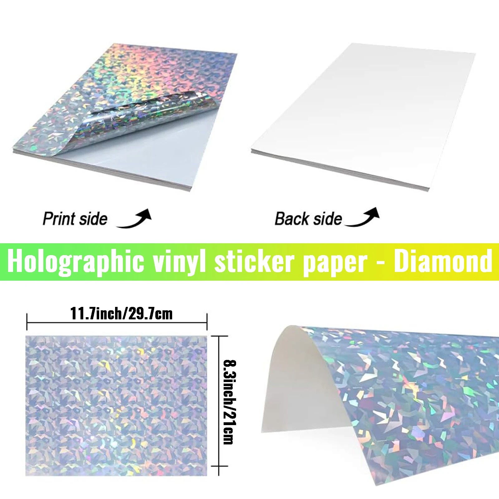 20 Sheets A4 Size Printable Diamond Holographic Sticker Paper 8.3x11.7 Inch Self-Adhesive Waterproof Broken Glass Vinyl Sticker