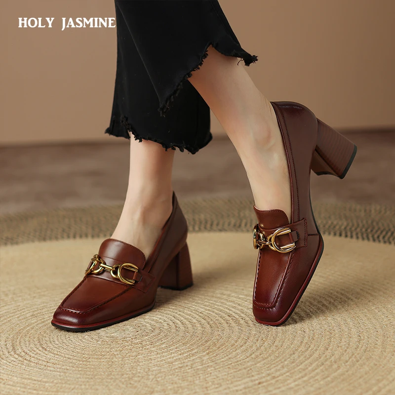 2022 Spring New Genuine Leather Women Shoes Leisure Women Slip-On Shallow Pumps Square Toe Heels Shoes Women Zapatos De Mujer