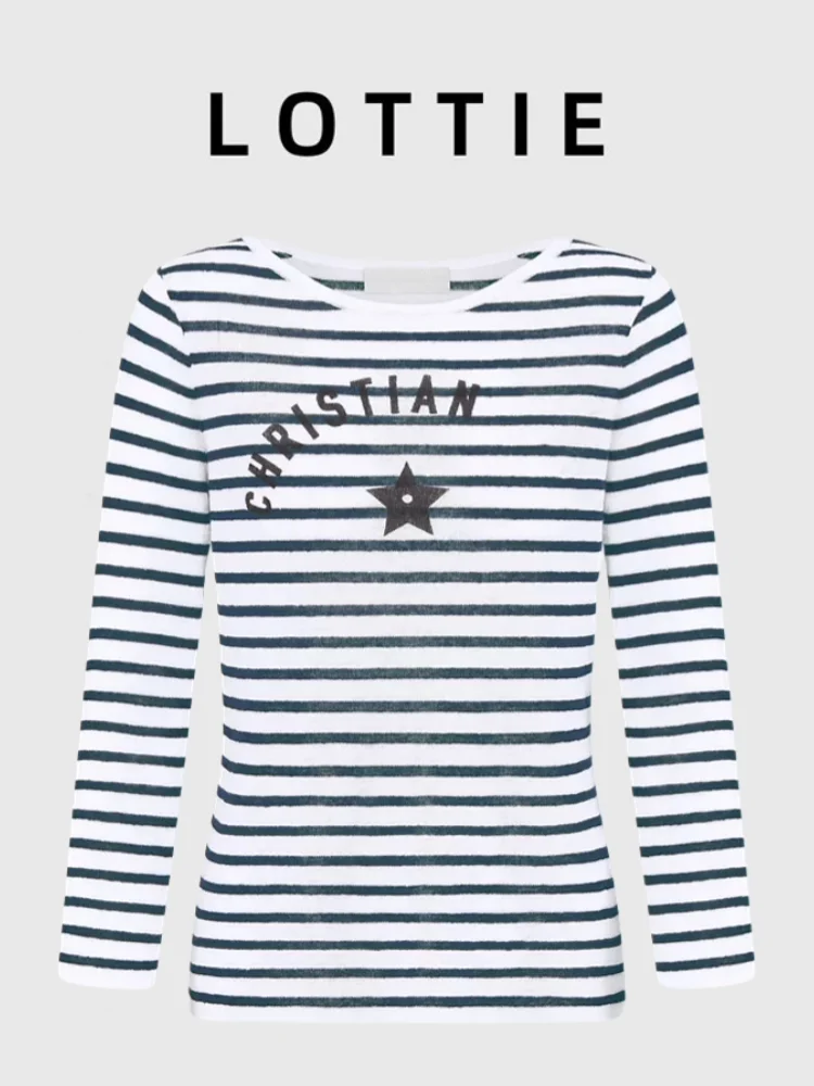

Slim Fit Stripe round Ne T-irt Women's Base Layer Top Letter Star Print Cotton Long Sve Moisture ng Commute Sle
