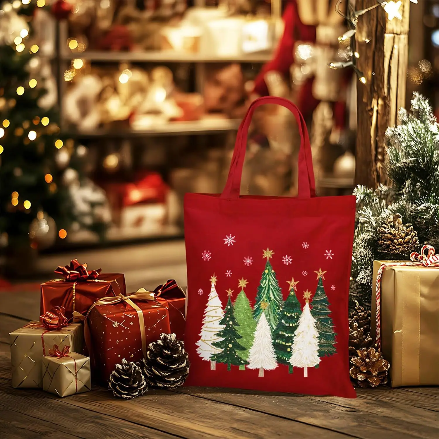 Red Christmas Canvas Tote Bag Xmas Tree Snowflake Grocery Shopping Bag Red Reusable Gift Goodie Bags for Winter