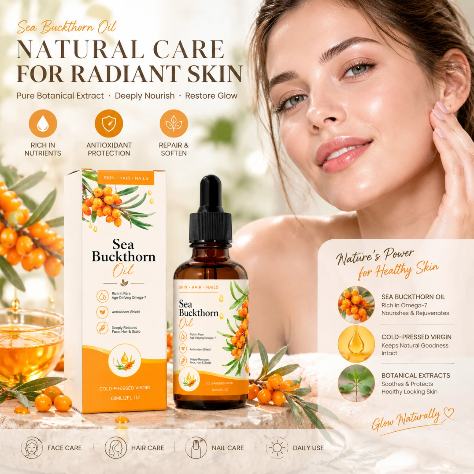 Sea Buckthorn Oil Skin Nails Hair Smoothing Nourishing Nail Cuticle Non Sticky Multi Purpose Body Care Natural Plant Oil 60ml