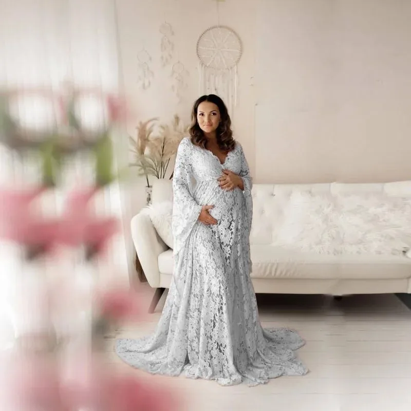 

Сексуальное кружевное прозрачное платье с глубоким v-образным вырезом и расклешенными рукавами, свободный крой с разрезом до бедра и шлейфом, платья для беременных, женщины для беременных