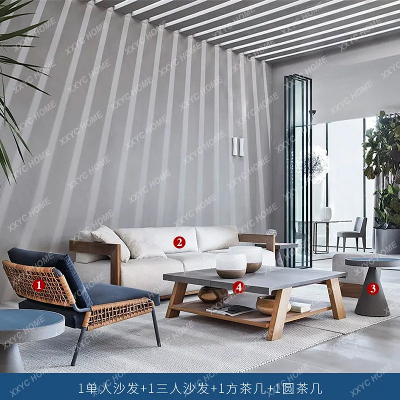 Outdoor teak sofa model room combination furniture courtyard terrace waterproof rattan chair casual