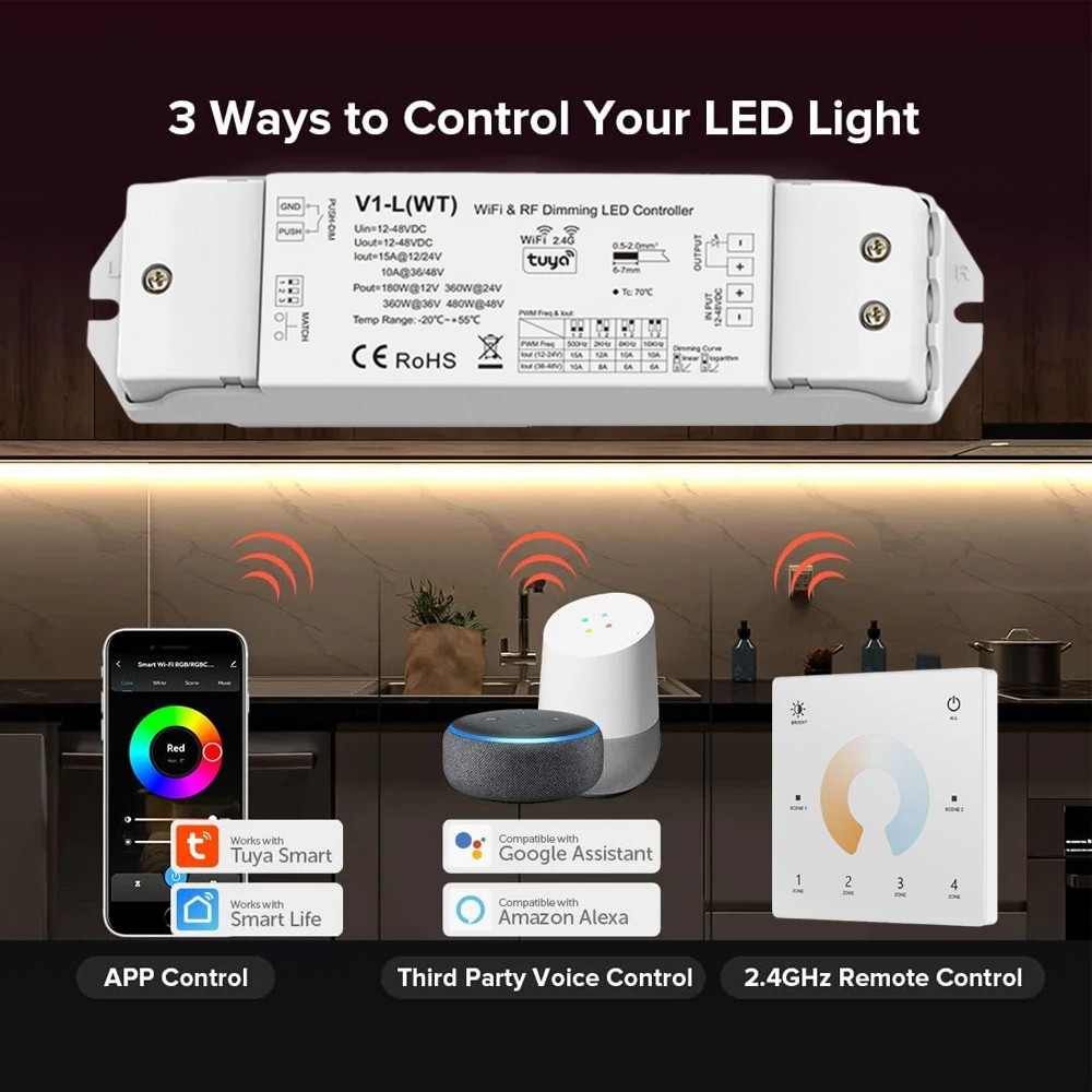WiFi RF LED Controller KIT Tuya APP Alexa Smart Control 12V 24V Dimmer Fade Mode 4 Zone Touch Remote For Single Color led Strip