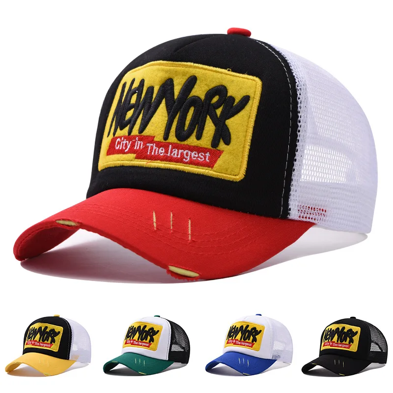 قبعة بيسبول مطرزة من بروكلين - قبعة شمس عصرية من القطن الشبكي للجنسين، قبعة شمس عصرية قابلة للتعديل في الهواء الطلق