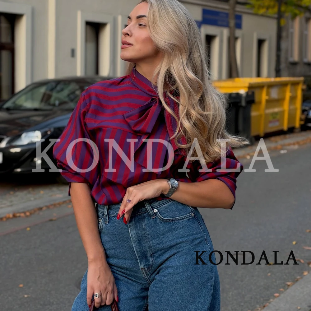 KONDALA Women Elegant Bow-Collar Striped Shirt Chic High Street Semi-open Shirts 2026 Early Fall Trendy Commute Casual Shirts