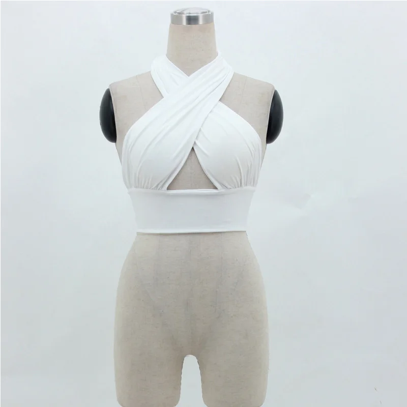 Women Strappy Cross Over Front Cut Out Halter Neck Sleeveless Backless Crop Top Bandage Vest Summer Sexy Tops Woman Clothes S-XL