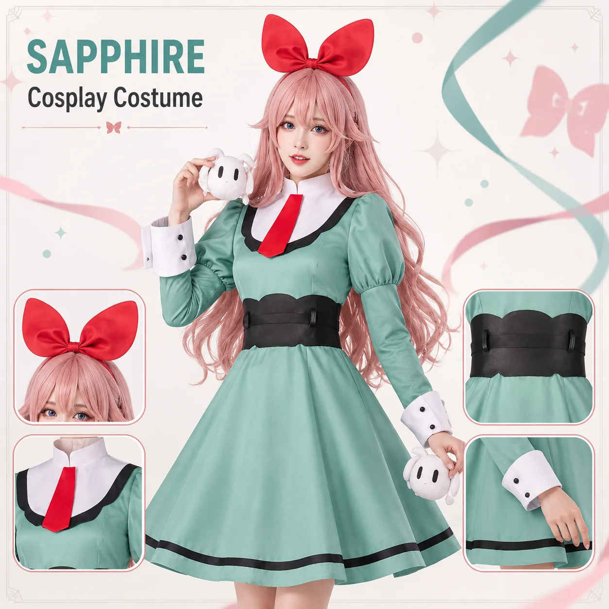 The Ribbon Hero  Cosplay Costume Sapphire Green Dress Anime School Uniform Outfit for Women Halloween Party Convention