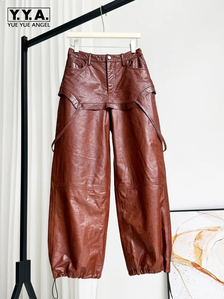 Women Genuine Leather Pants Fashion Fake Two Piece High Waist Straight Trousers Streetwear Female Oil Wax Cowhide Cargo Pants