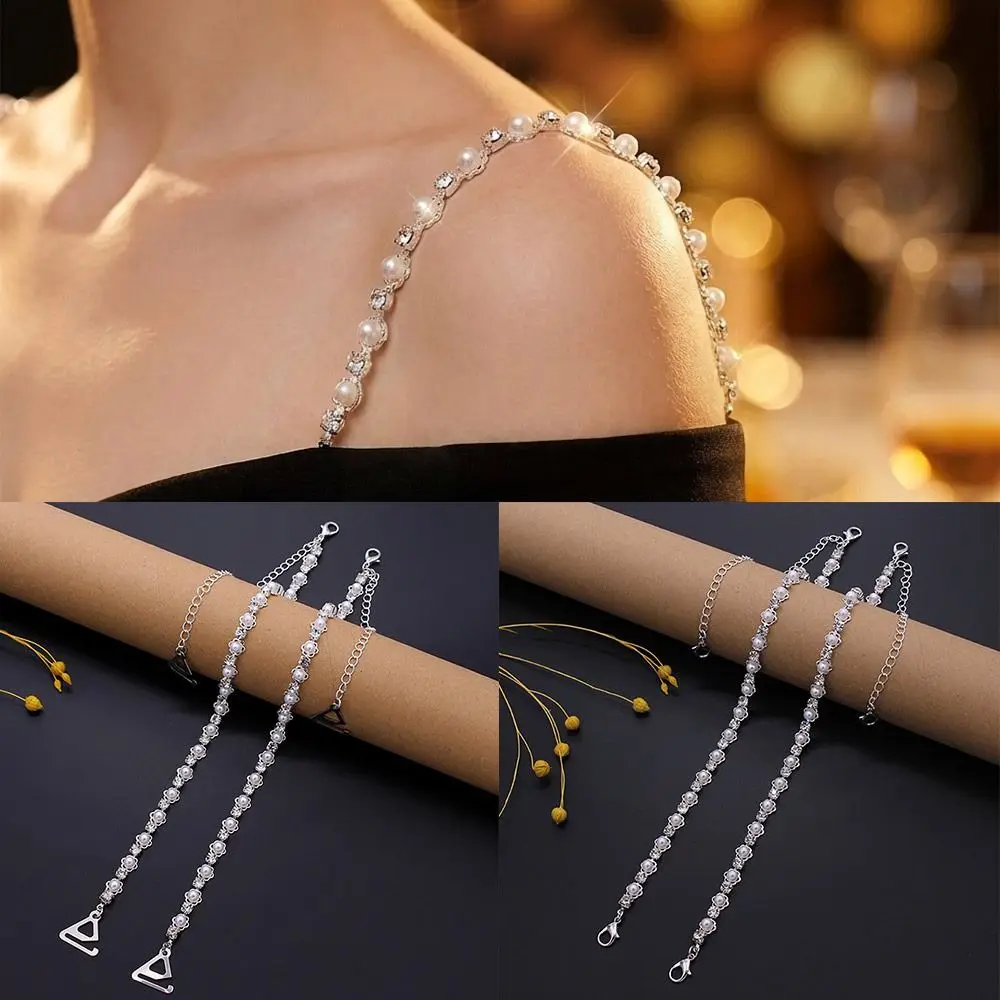 Metal Women Bras Straps Aniti-slip Adjustable Underwear Strap Lingerie Accessories Rhinestone Pearl Shoulder Straps for Dress
