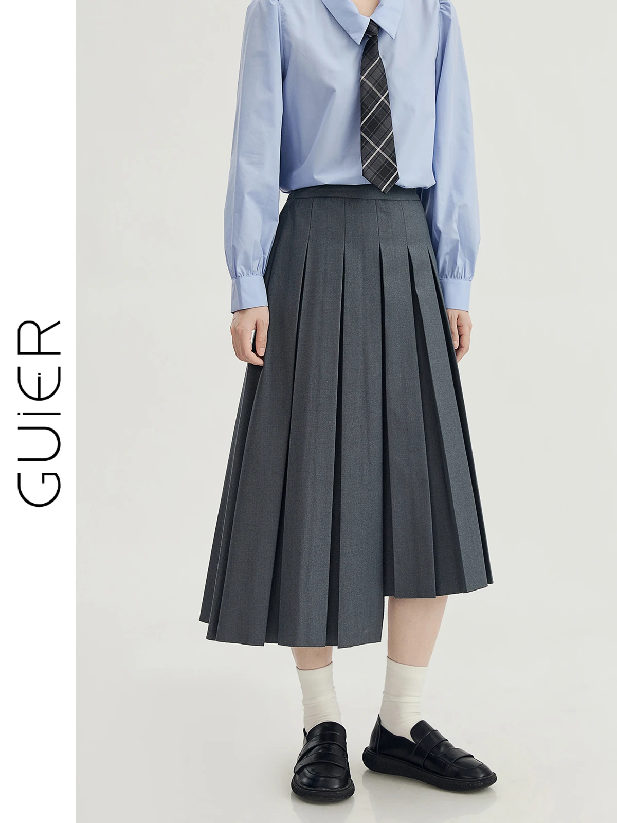 

Guier Asymmetrical A-Line Midi Skirt Women's Spring 2025 New Youthful Casual Versatile High Waist Pleated Skirt