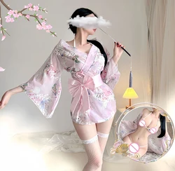 Erotic Women's Kimono Bikini Uniform Fishnets Set Sexy Embroidered Mesh Transparent Dancer Pajamas Chiffon Bow Waistband Kimono