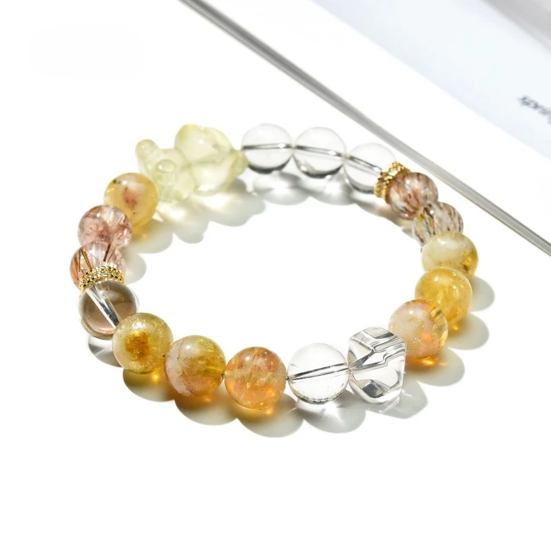 

Natural Citrine Yellow Pagoda Crystal Bear Bracelet Women Lotus Zakiram Crystal Strings Premium Sense Jewellery