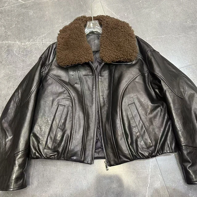 Winter donsjack dames geïmporteerd koud brouwen olie wax schapenvacht ganzendons jas wollen bontkraag rits losse korte gewatteerde jas