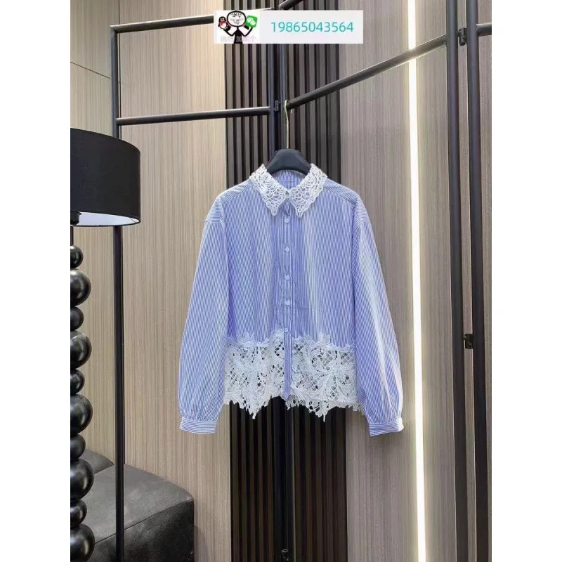 KUSAHIKI camicia Patchwork di pizzo da donna a maniche lunghe colletto rovesciato 2024 autunno nuova camicetta Chic di nicchia scavata top