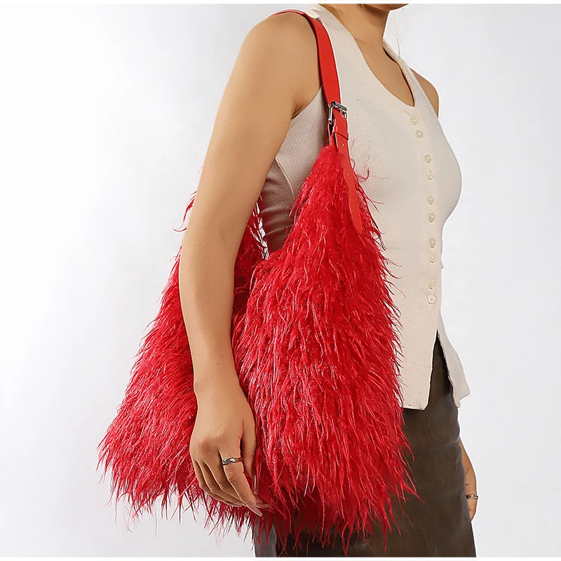 Lange, lockige, flauschige Plüsch-Umhängetasche, Y2k-Mädchenmode, große Damen-Winterhandtasche, einfarbige Tragetasche – Detail 23