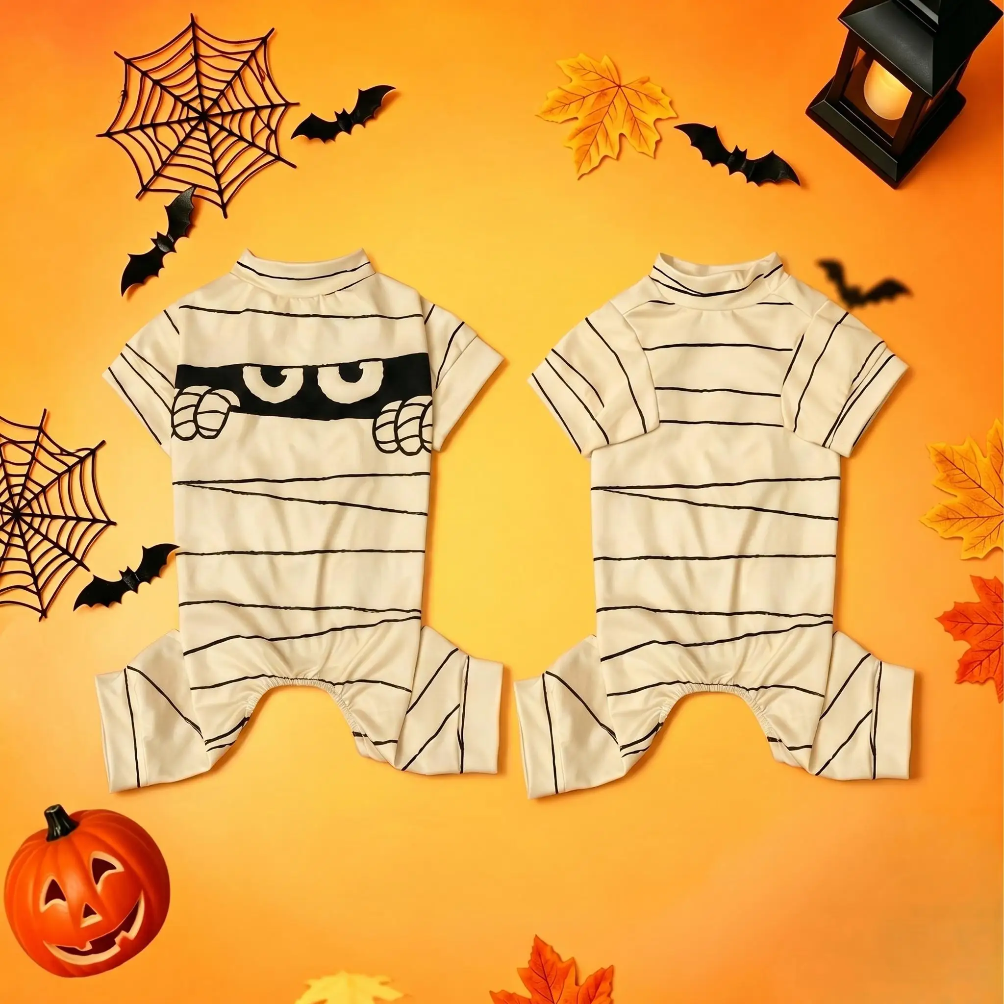 Halloween Mumien-Bandage Gestreifter Hunde-Vierbeiner-Overall mit Spähenden Mumienaugen und Handabdruck Haustier-Pyjama-Outfit für Kleine und Mittelgroße Hunde und Katzen – Detail 9