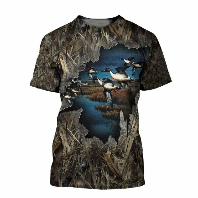 Men Hunting Camo Duck 3D Print T‑Shirt Wild Mallard Bird Camouflage O‑Neck Short Sleeve Casual Outdoor Summer Tee Tops