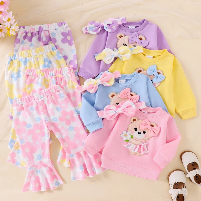 

Cute Toddler Girl Fall Outfits Bear Embroidered Long Sleeve Sweatshirts Flower Print Flare Pants Headband 3Pcs Clothes Set