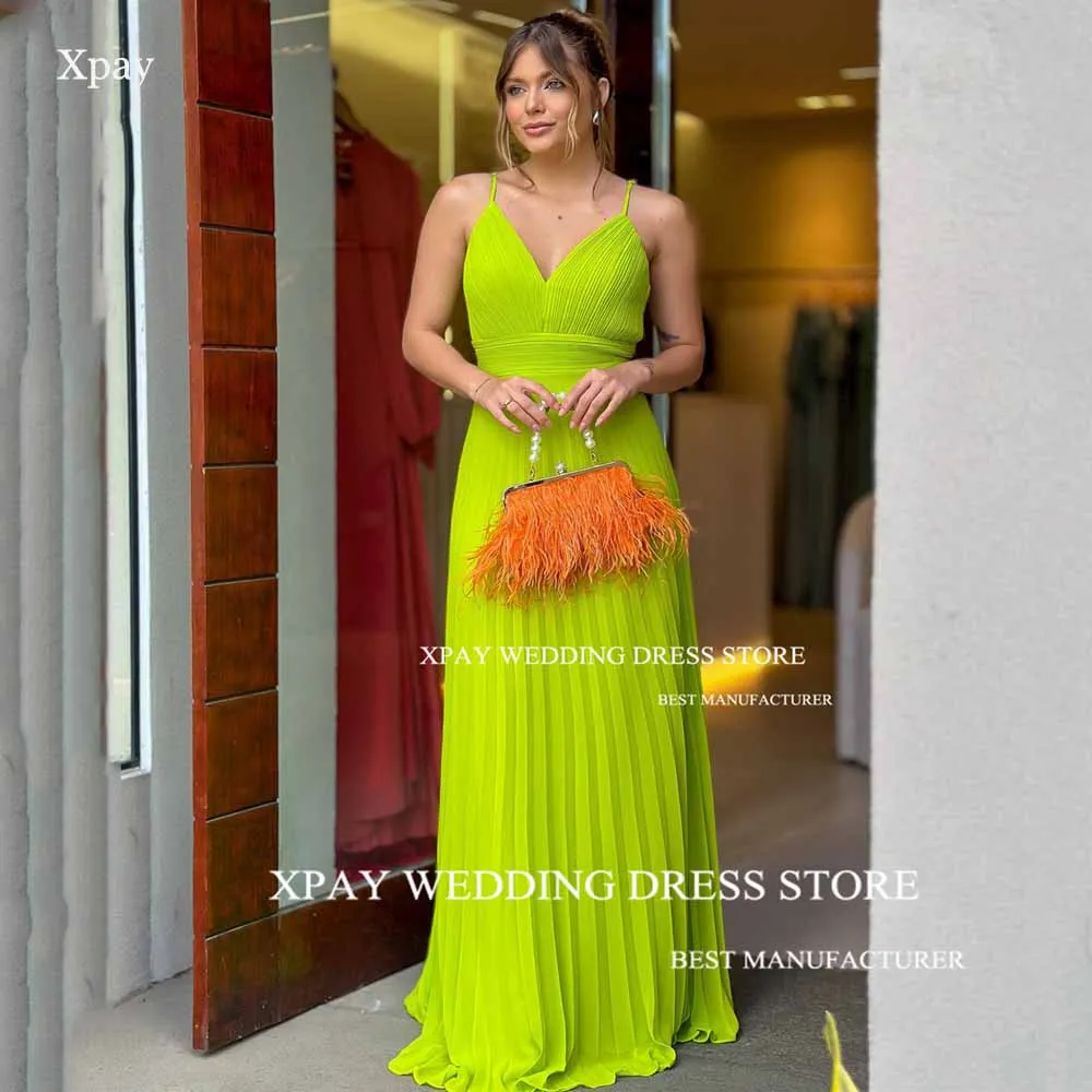 XPAY Elegant Fluorescent Gree Prom Dresses Spaghetti Straps Pleats Chiffon Evening Gown Outdoor Sleeveless Backless Party Gown