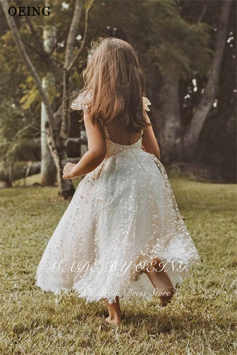 OEING Simple Ivory A-Line Flower Girl Dresses Halter Appliques Sleeveless Midi Wedding Party Dress Birthday Dress Customized
