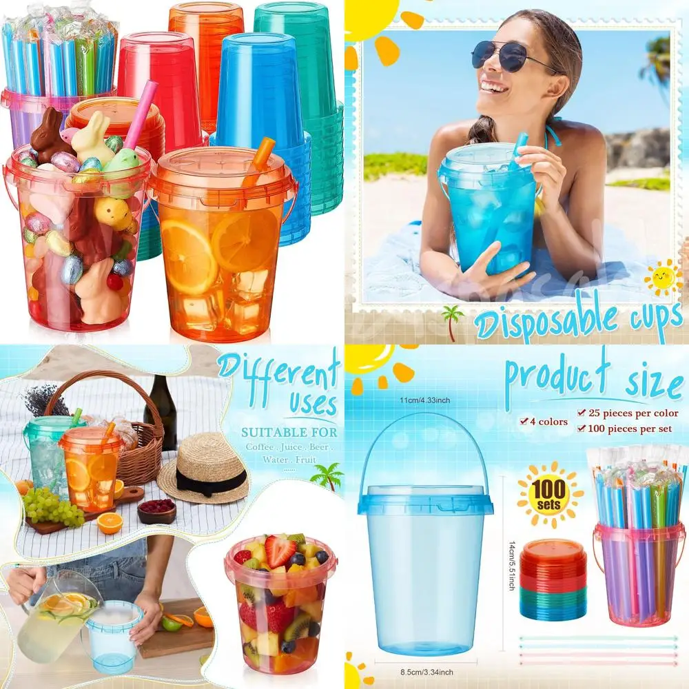 

Одноразовые пластиковые стаканы-ведра объемом 34 унции с крышками и трубочками, идеально подходят для пастельных коктейлей, рома, коктейльных вечеринок, смузи