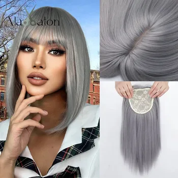 ALAN EATON 여성용 은색 회색 합성 헤어 토퍼, 내추럴 룩 클립, 앞머리 있는 헤어 피스, 내열성 