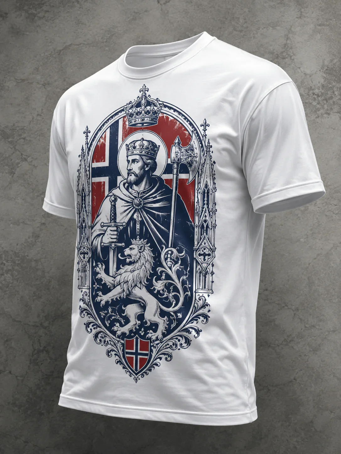 St. Olaf Norwegian Lion-embroidered T-shirt, Retro Gothic-style Church Frame, Norwegian Flag, Sword-axe Vintage Worn-Out Print