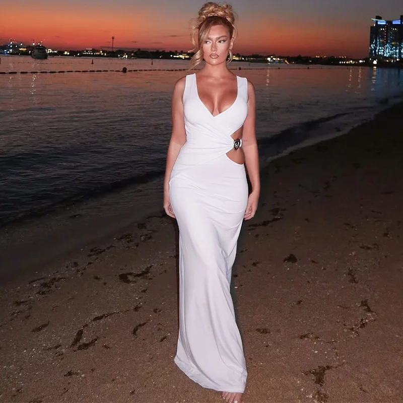 Elegante chique corte maxi vestido para mulheres com decote em v sem mangas bodycon vestido de festa verão sexy sem costas feriados clube vestido 2025