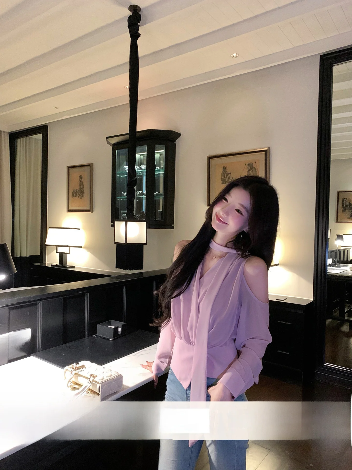 

Purple V-neck Sash Chiffon Top Women's Spring Simple Elegance Shoulder-baring Blouse Casual Style Long Sleeve Polyester Fiber