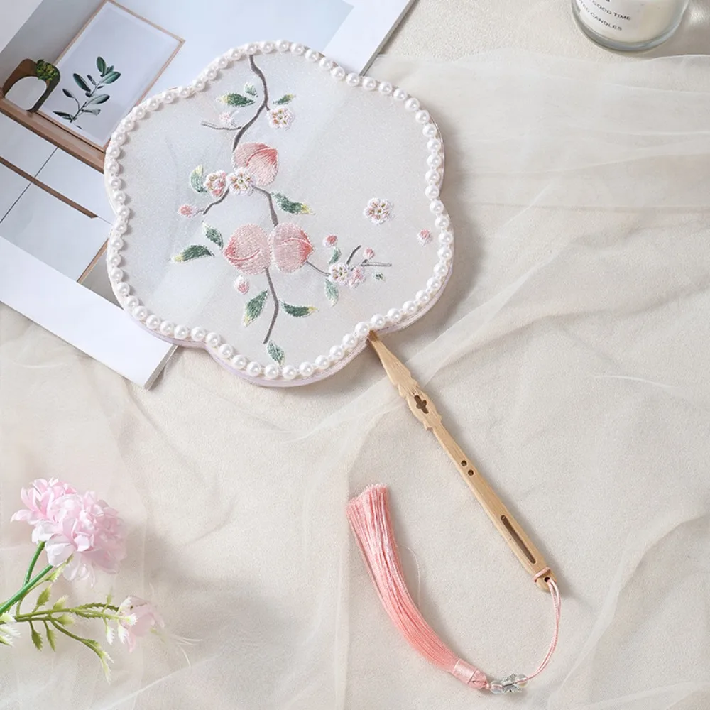 Handmade Embroidery Ancient Style Long Handle Fan Pearl Tassel Portable Qipao Circular Fan Classical Vintage Dancing Fan Summer