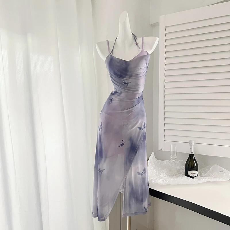 2024 Summer Butterfly Print Strap Dress donna elegante senza maniche Evening Party Midi Dresses coreano Off spalla Dress