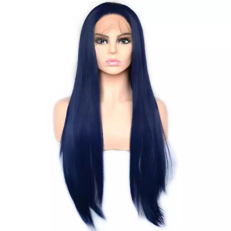 Soft Long Dark Blue Silk Straight Lace Front Wig 26Inch 180Density For Black Women Baby Hair Glueless Synthetic Preplucked Daily