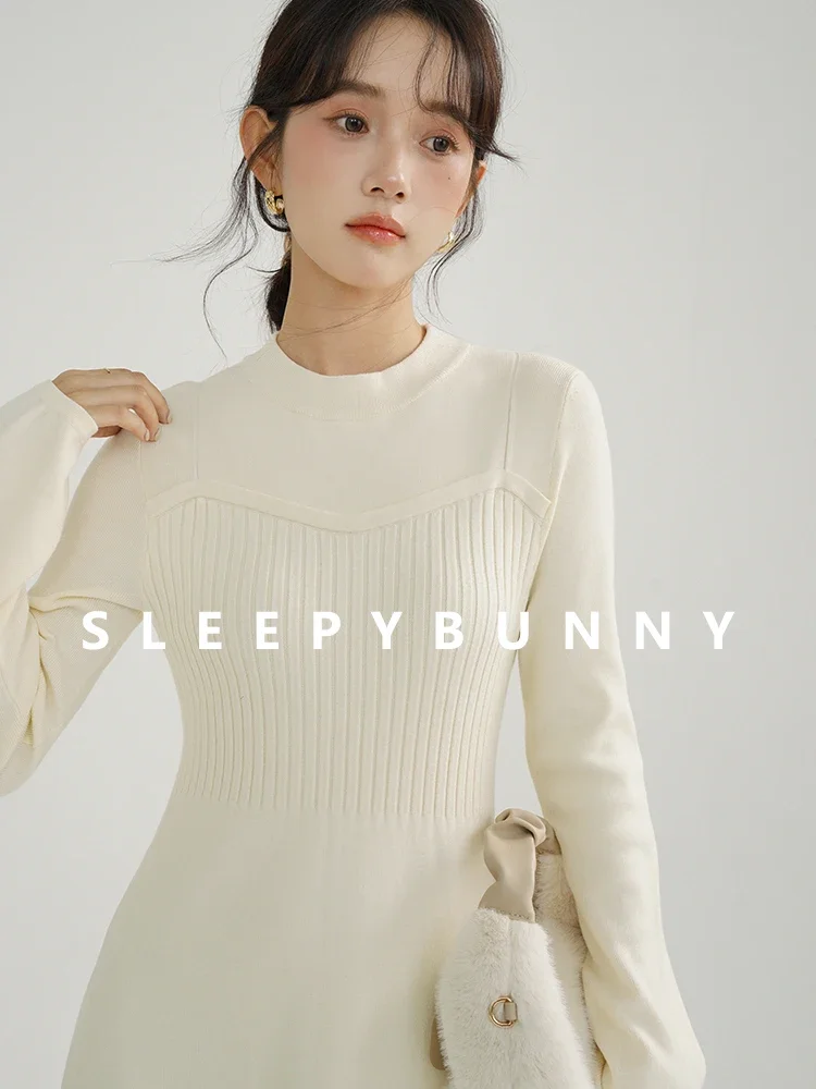 Winter Women Slim Fit Knit Mid-Length Dress Half Turtleneck Design Elegant Long Sleeve Sweater Dress Perfect for Petite Frames