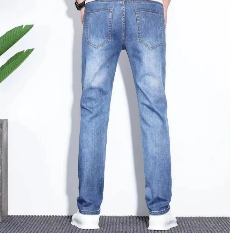 Man Denim Pants Blue Baggy Trousers Man's Adult Clothing Casual Jeans Business Straight Leg Stretch Sportseear Slim Fit Solid