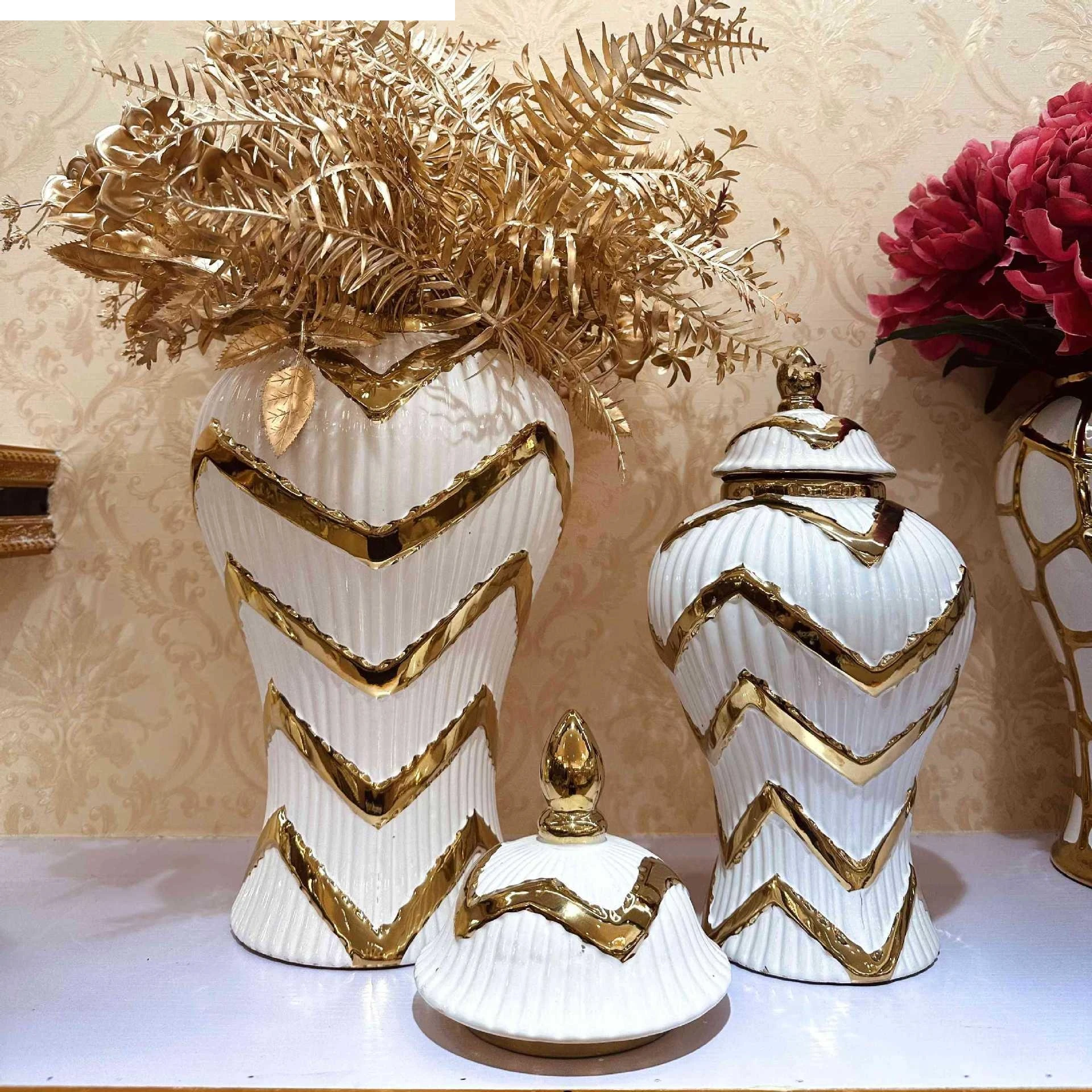 Striped Gold General Can Ceramic Pot Ginger Jar Storage Geometry Porcelain Handicraft Flower Vase Home Decoration