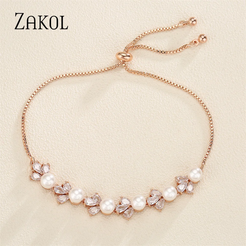 ZAKOL New Elegant White Round Imitation Pearls Bracelets for Women Fashion Leaf Zirconia Adjustable Bracelet Wedding Jewelry