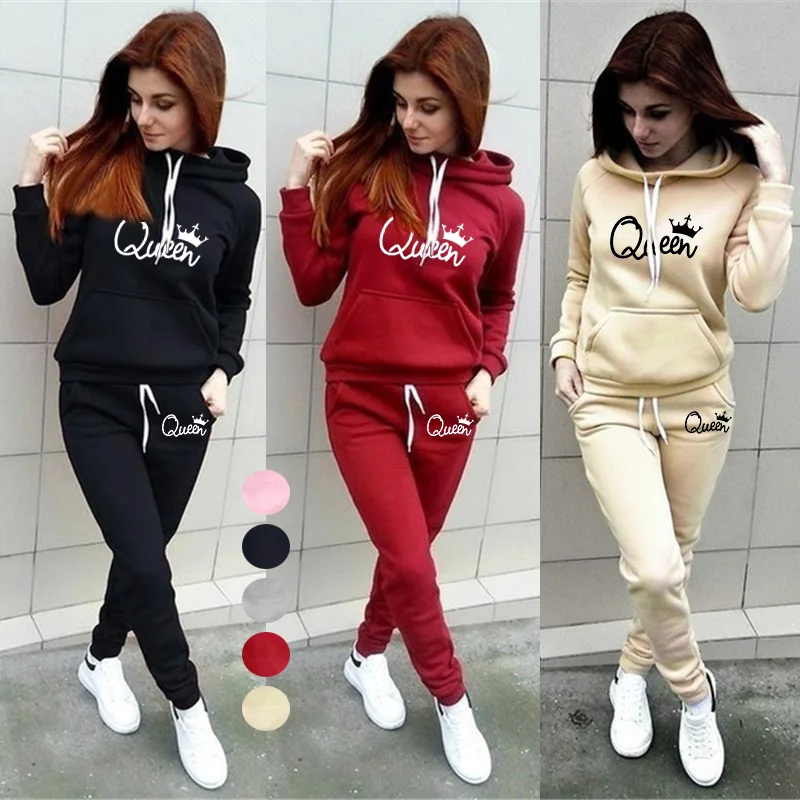 New Queen Printed Hoodie Set Women\'s Sweatshirt Fashion Pullover Top and Jogging Pants 2 Pcs Set