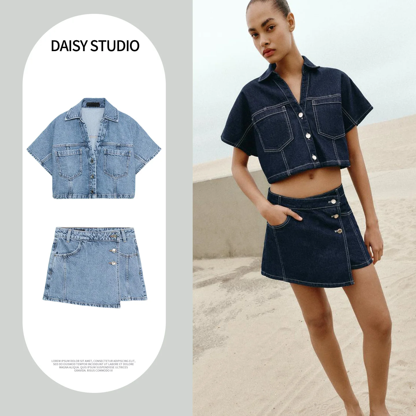 

Spring Fashion Metal Button Short Sleeve Collared Denim Shirt And Skirt Set Women's High Waist Pure Color Double Breasted Jeans