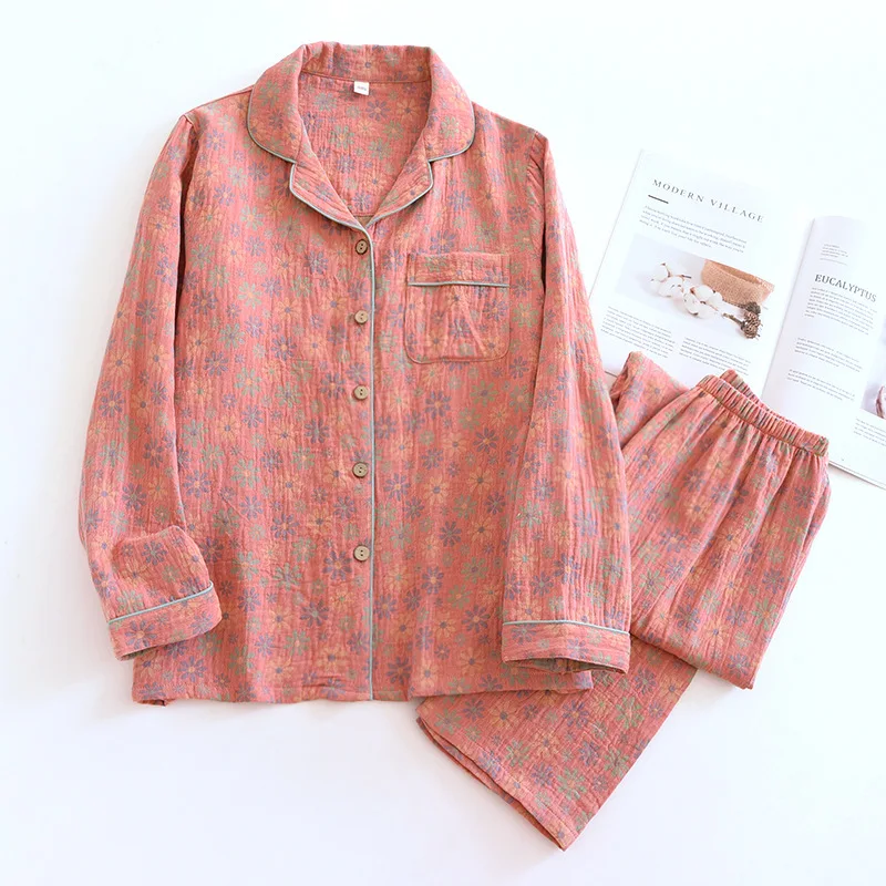 

Womens Pajama Premium Cotton Jacquard Pajamas Relaxed Loose Lengthened Sleepwear Lightweight Breathable Vintage Loungewear