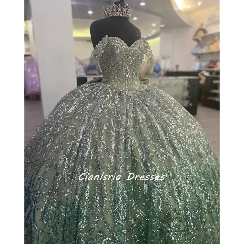 Mint Green Glitter Sequined Beading Quinceanera Dresses Ball Gown Off The Shoulder Bow Corset Sweet 15 Vestidos De Quinceañera