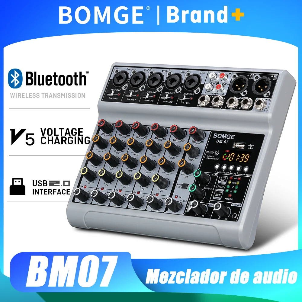 Mezclador de audio BOMGE de 7 canales con Bluetooth, USB, 5 entradas de micrófono, 1 entrada estéreo XLR, salida de jack balanceado de 6,35 mm con monitor de auriculares