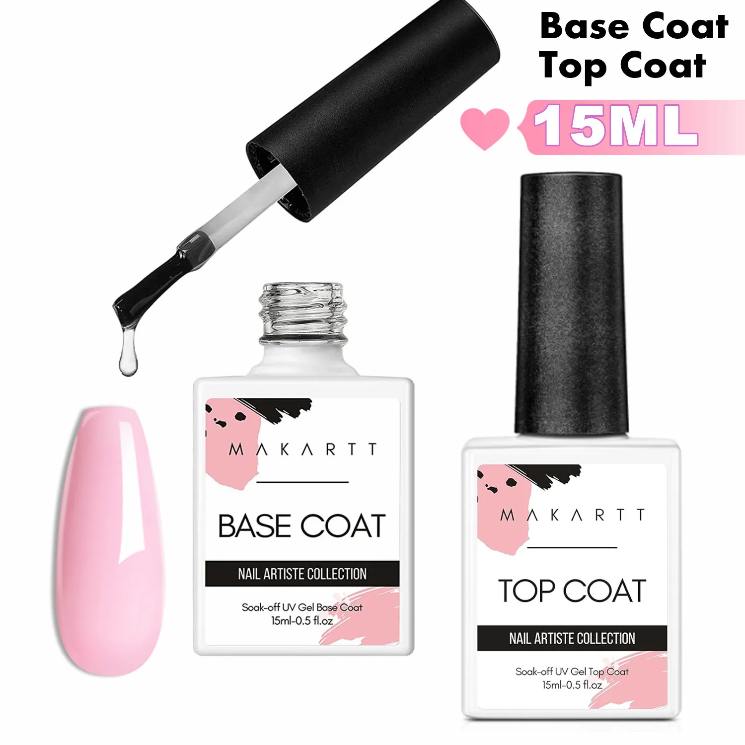 Makartt 2pcs No Wipe Gel Top Coat and Base Coat Kit, 15ml Soak off UV LED Gel Base and Top Coat Gel Nail Polish