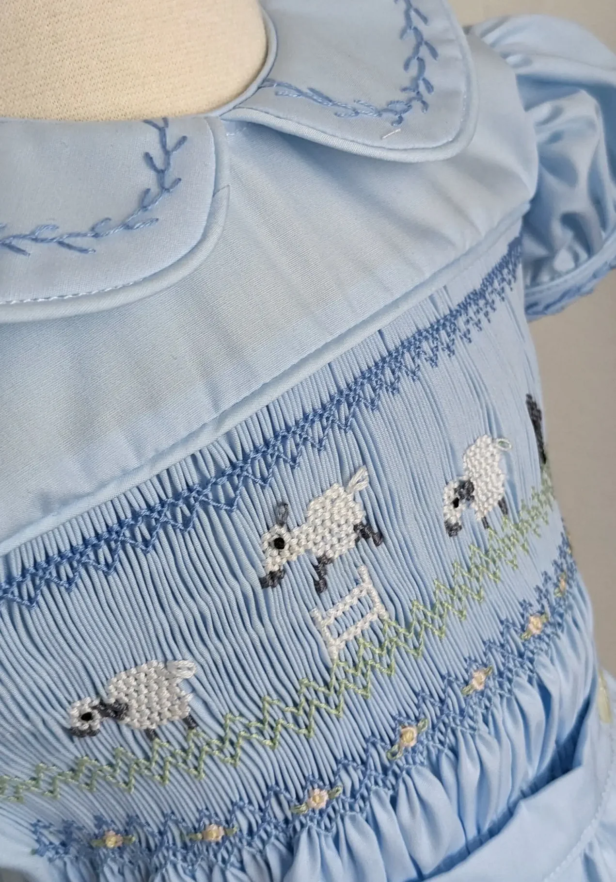 0-6Y Baby Boy Summer Light Blue Sheep Handmade Embroidery Smocked Outfit Suit for Birthday Holiday Casual A94